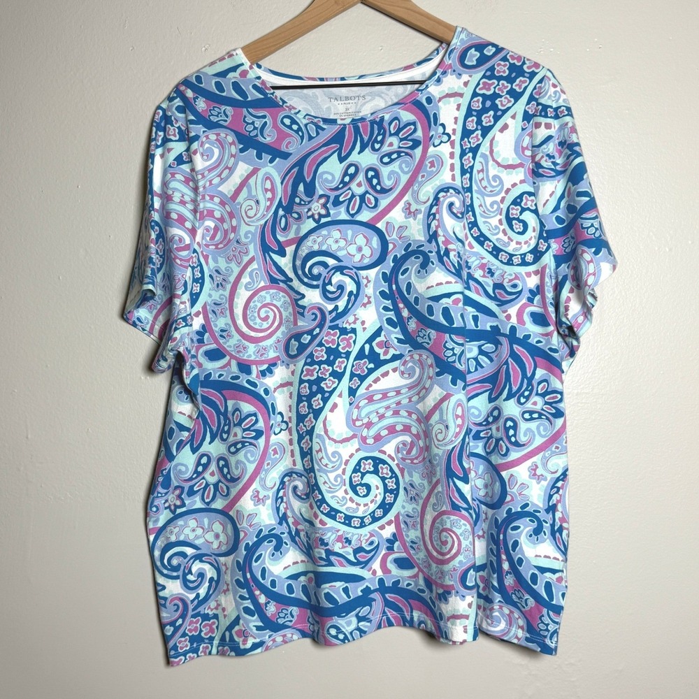 Talbots Womens 95% Cotton‎ T-Shirt 3X Blue Paisley Short Sleeve Scoop Neck Knit